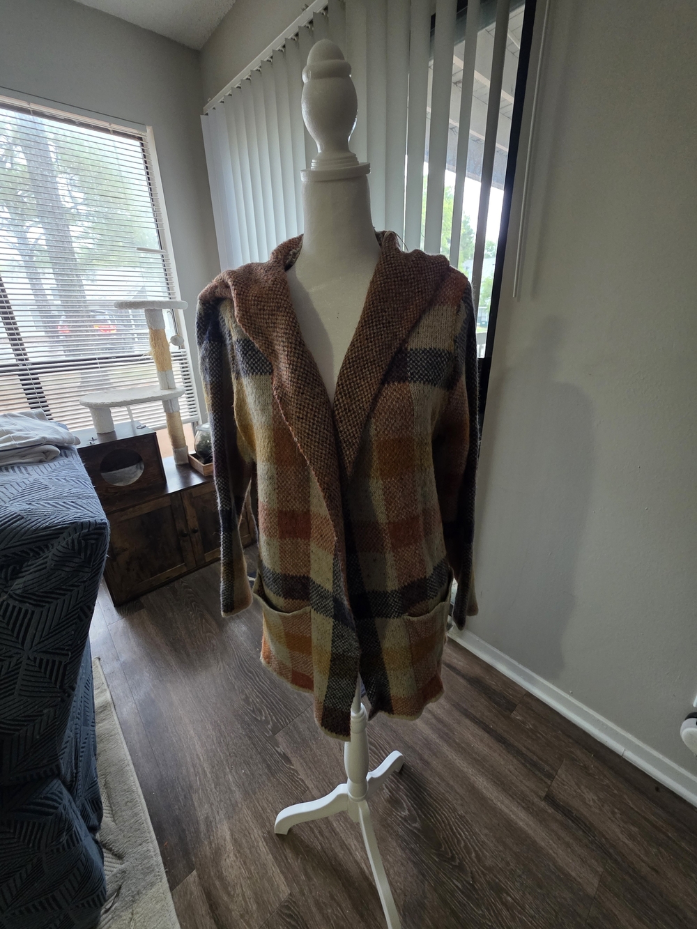 Joseph A Plaid Hooded Open Cardigan - Rust, Mustard & Gray